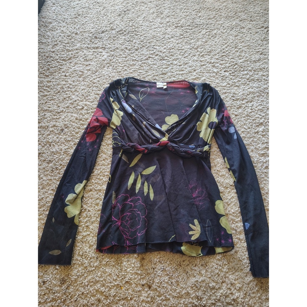Vintage Y2K Johnny Heaven XL Floral Mesh Faux Wrap Top Boho Fairycore Whimsigoth